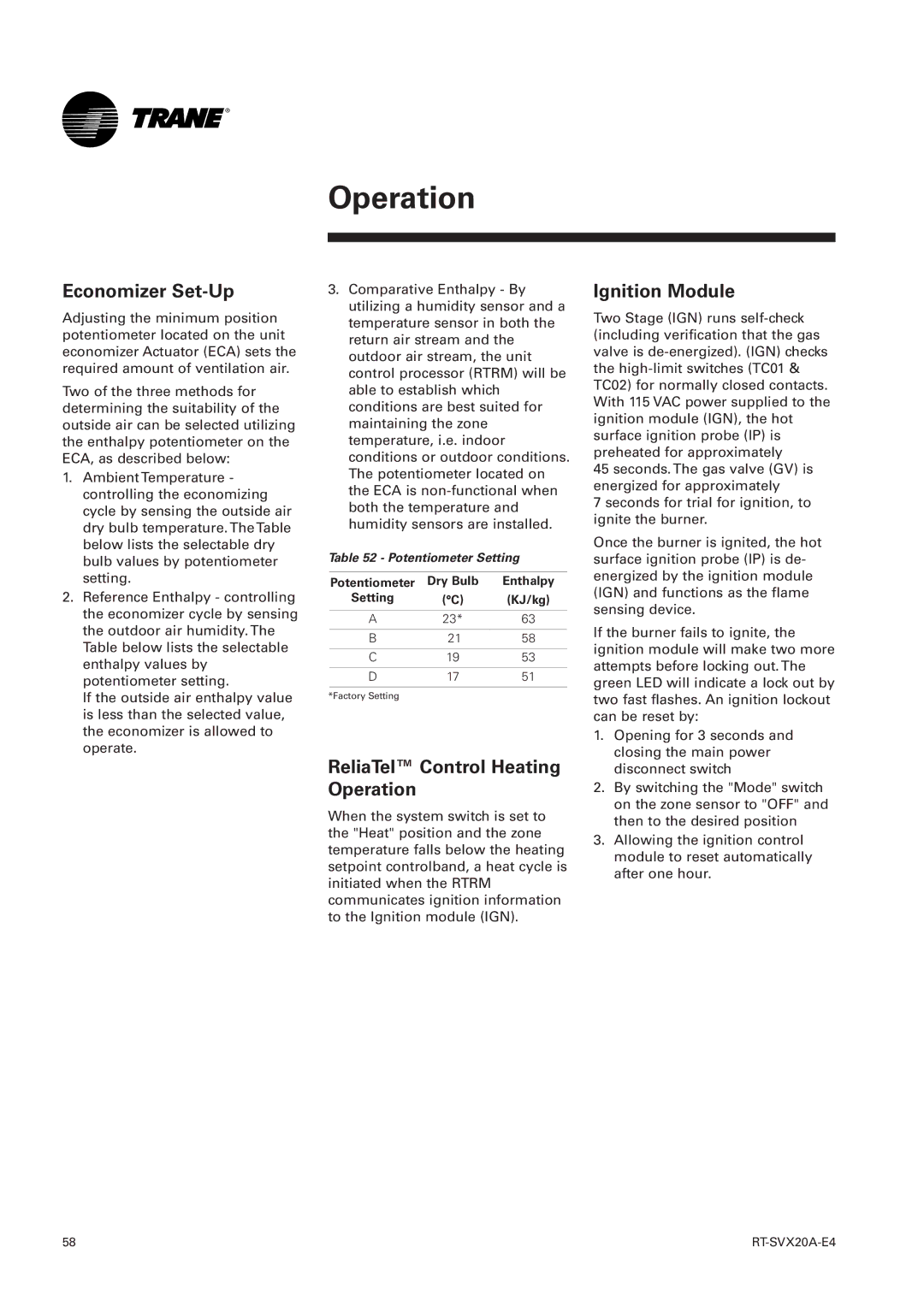 Trane TSH 060, TSD manual Economizer Set-Up, ReliaTel Control Heating Operation, Ignition Module, Potentiometer Setting 