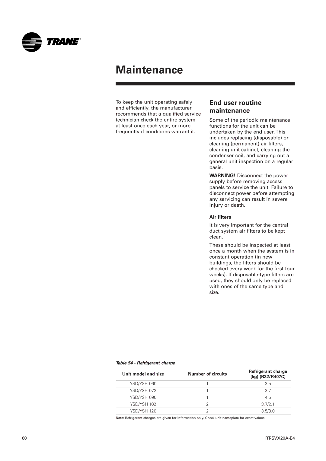 Trane TSH 060, TSD manual End user routine maintenance, Air filters, Refrigerant charge 