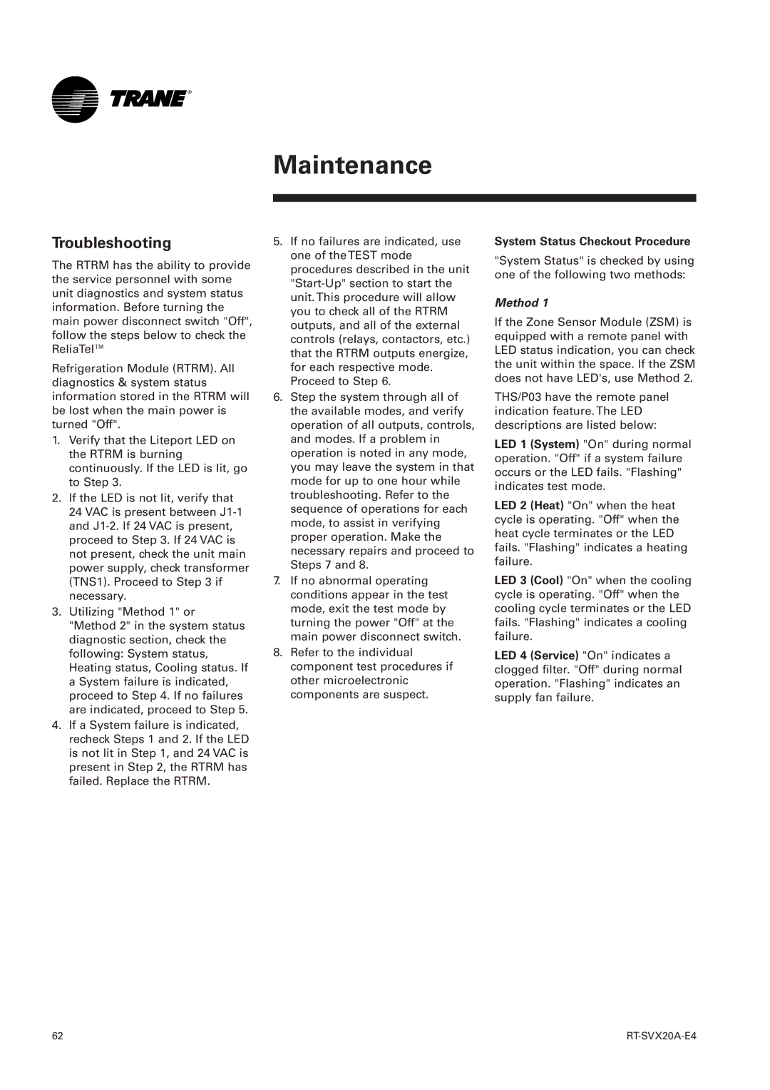 Trane TSH 060, TSD manual Troubleshooting, System Status Checkout Procedure 