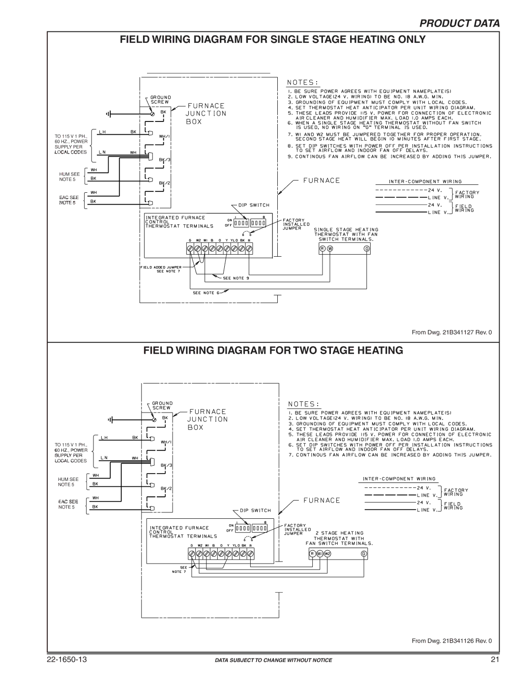 Trane TUD2B100A9V3VB manual Field Wiring Diagram for Single Stage Heating only, Field Wiring Diagram for TWO Stage Heating 