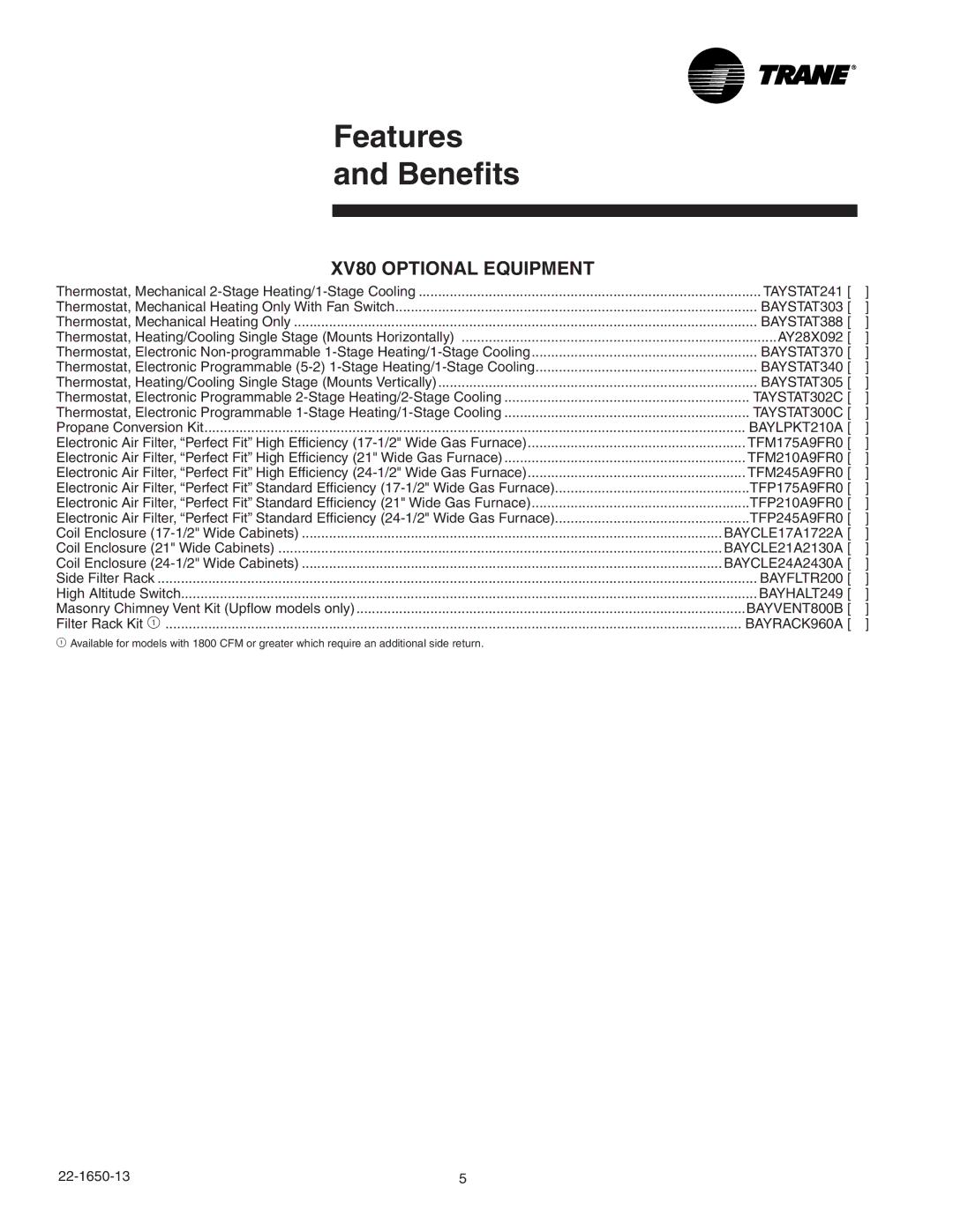 Trane TUD2C080A9V4VB, TUD2D140A9V5VB, TUD2D120A9V5VB, TUD2C100B9V5VB manual Features Benefits, XV80 Optional Equipment 