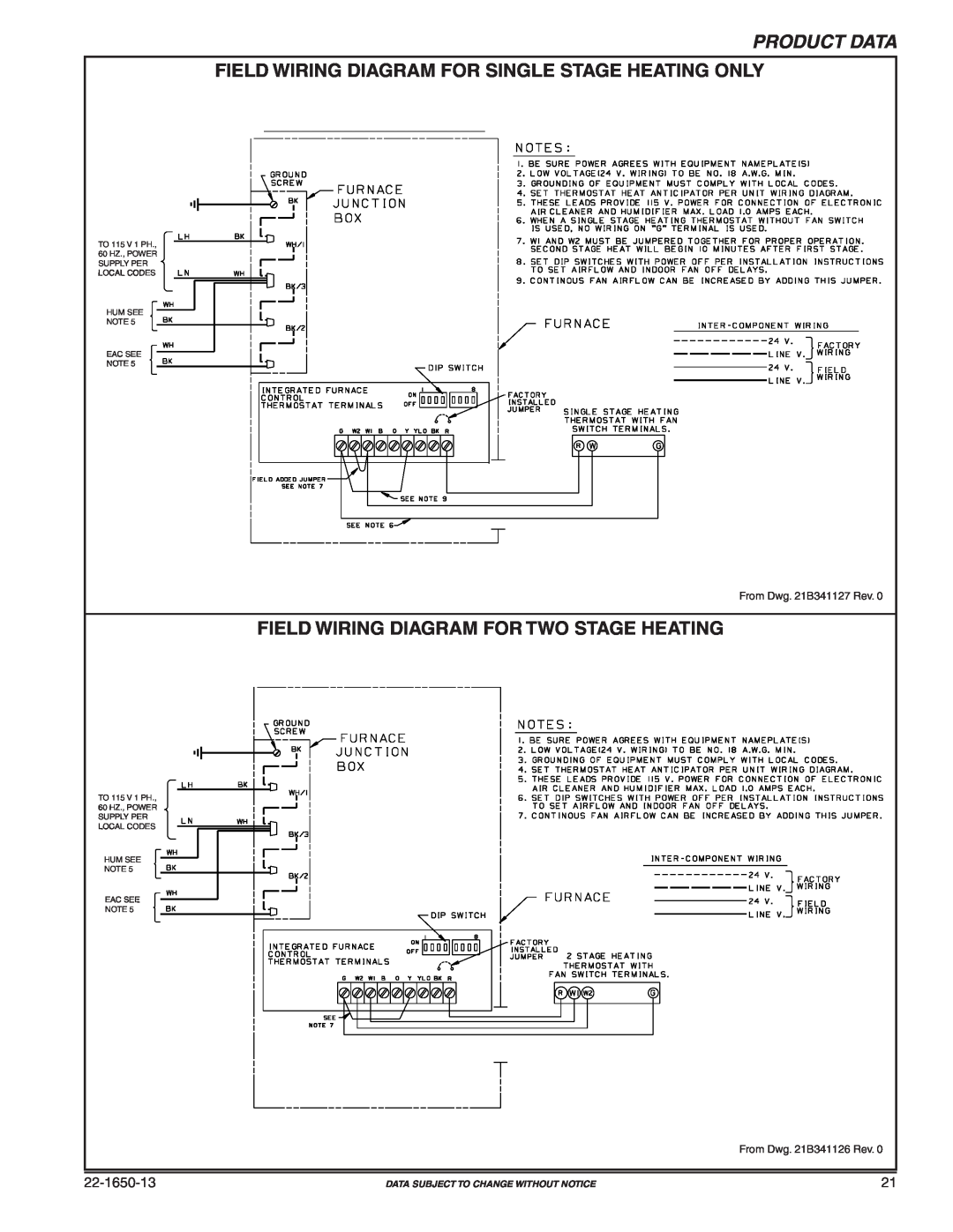 Trane TUD2B100A9V3VB manual Product Data, Field Wiring Diagram For Two Stage Heating, 22-1650-13, Hum See, Eac See 