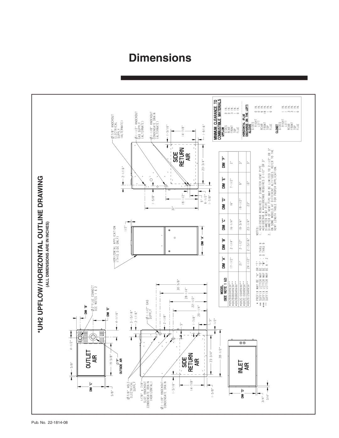 Trane TDH2B080A9V3VA, TUH2C100A9V5VA, TUH2C100A9V4VA, TUH2B080A9V3VA manual Dimensions, UPFLOW / HORIZONTAL Outline Drawing 