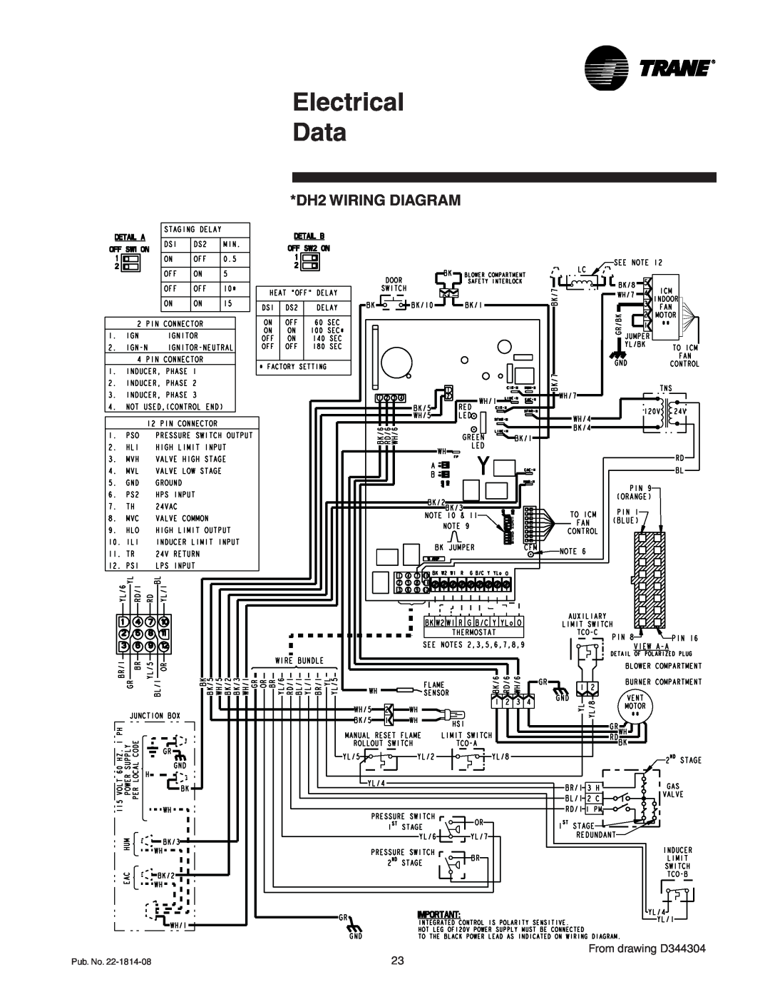 Trane TUH2D120A9V5VA, TUH2C100A9V5VA, TUH2C100A9V4VA manual Electrical Data, DH2 WIRING DIAGRAM, From drawing D344304 