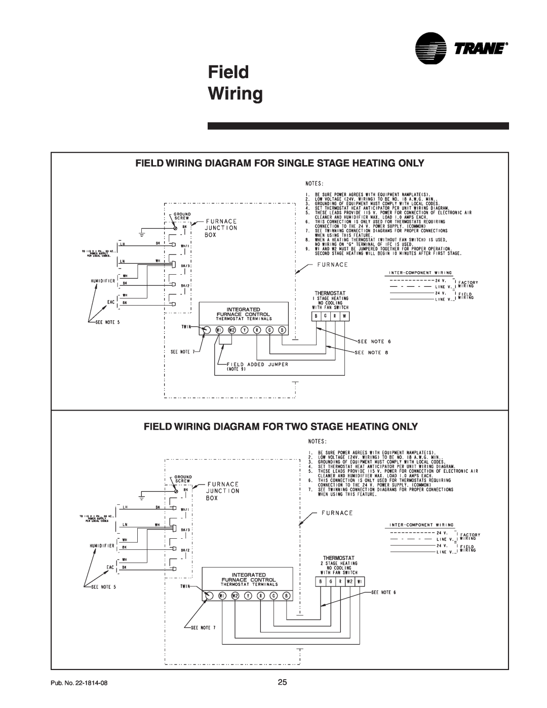 Trane TDH2C100A9V4VA, TUH2C100A9V5VA, TUH2C100A9V4VA, TUH2B080A9V3VA Field Wiring Diagram For Two Stage Heating Only 