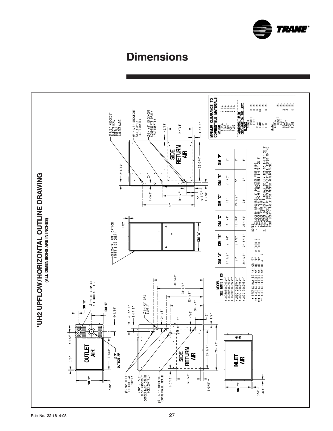 Trane TDH2B080A9V3VA, TUH2C100A9V5VA, TUH2C100A9V4VA, TUH2B080A9V3VA manual Dimensions, Upflow / Horizontal Outline Drawing 