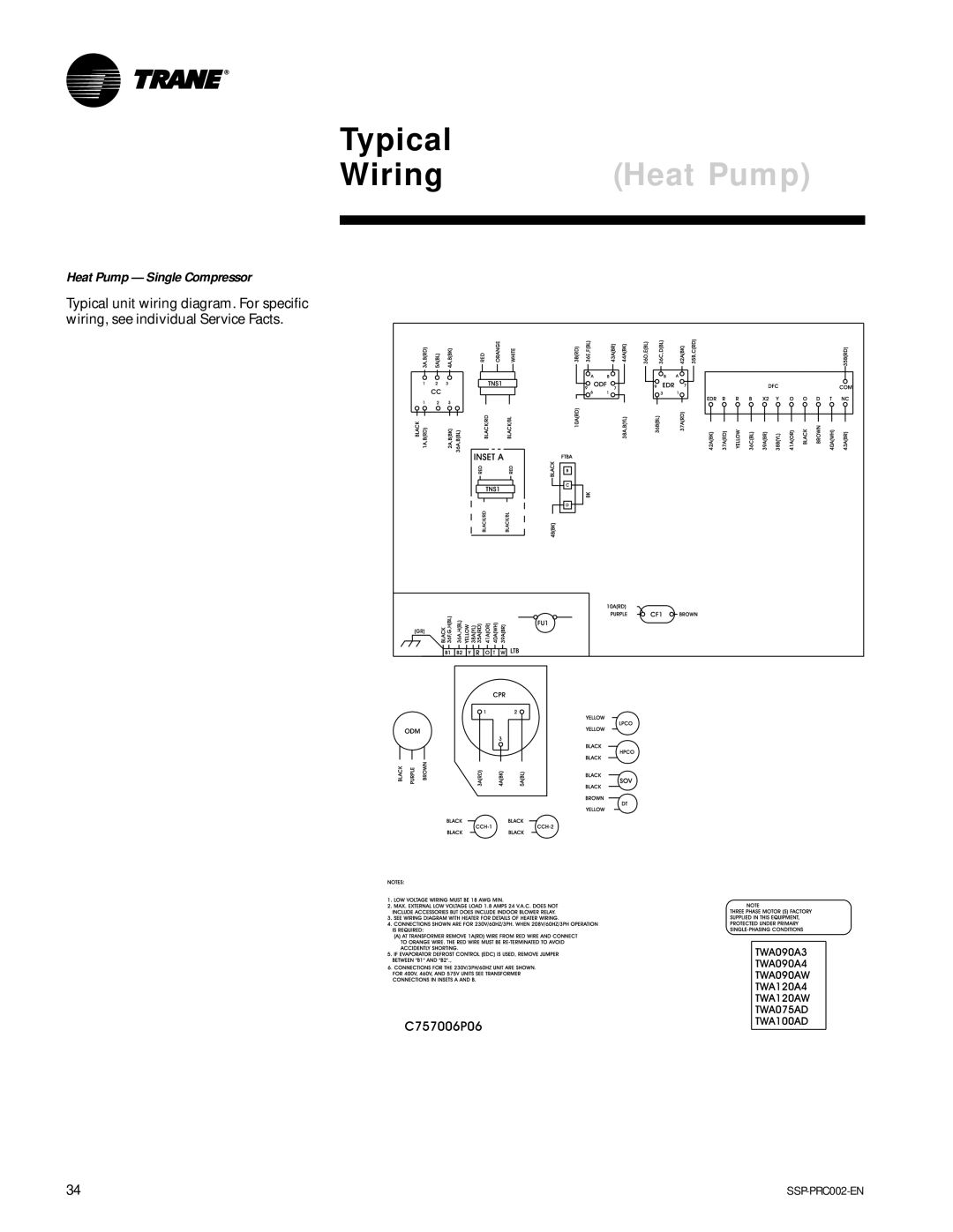 Trane TWA200B, TWA075A, TWE200B, TWE050A manual Typical Wiring, Heat Pump Single Compressor 