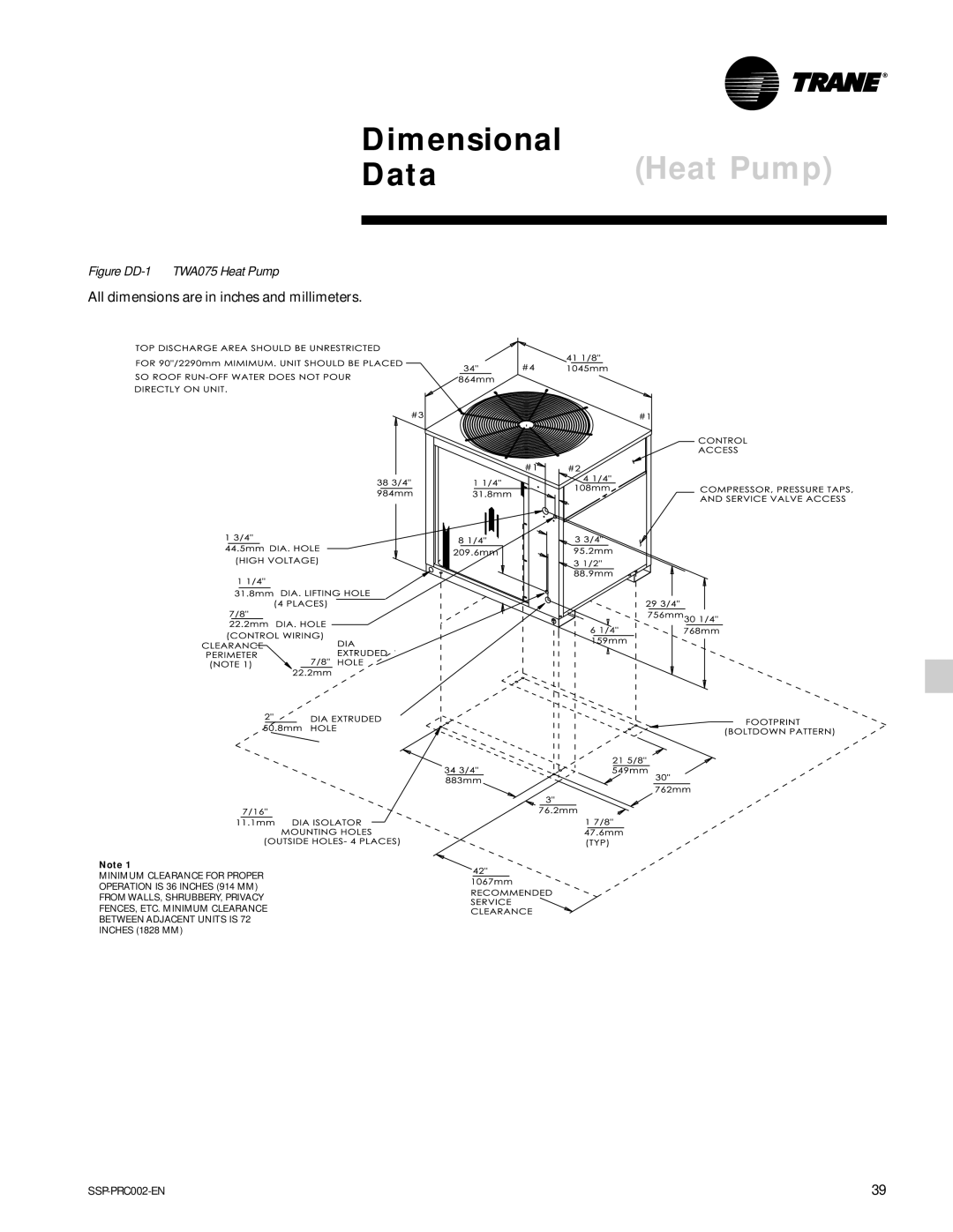 Trane TWE050A, TWA075A, TWE200B, TWA200B manual Dimensional, Figure DD-1 TWA075 Heat Pump 