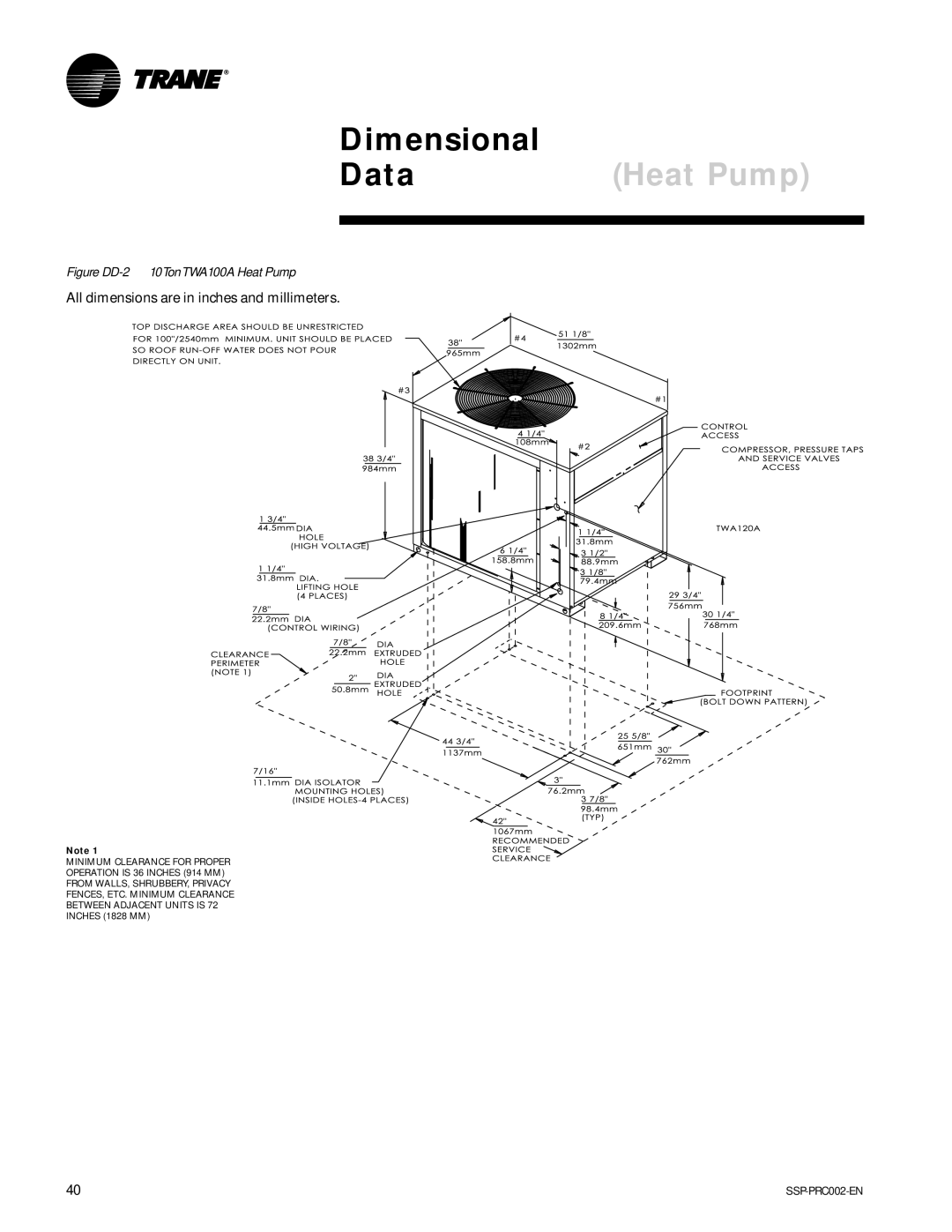 Trane TWA075A, TWE200B, TWA200B, TWE050A manual Dimensional Data, Figure DD-2 10TonTWA100A Heat Pump 