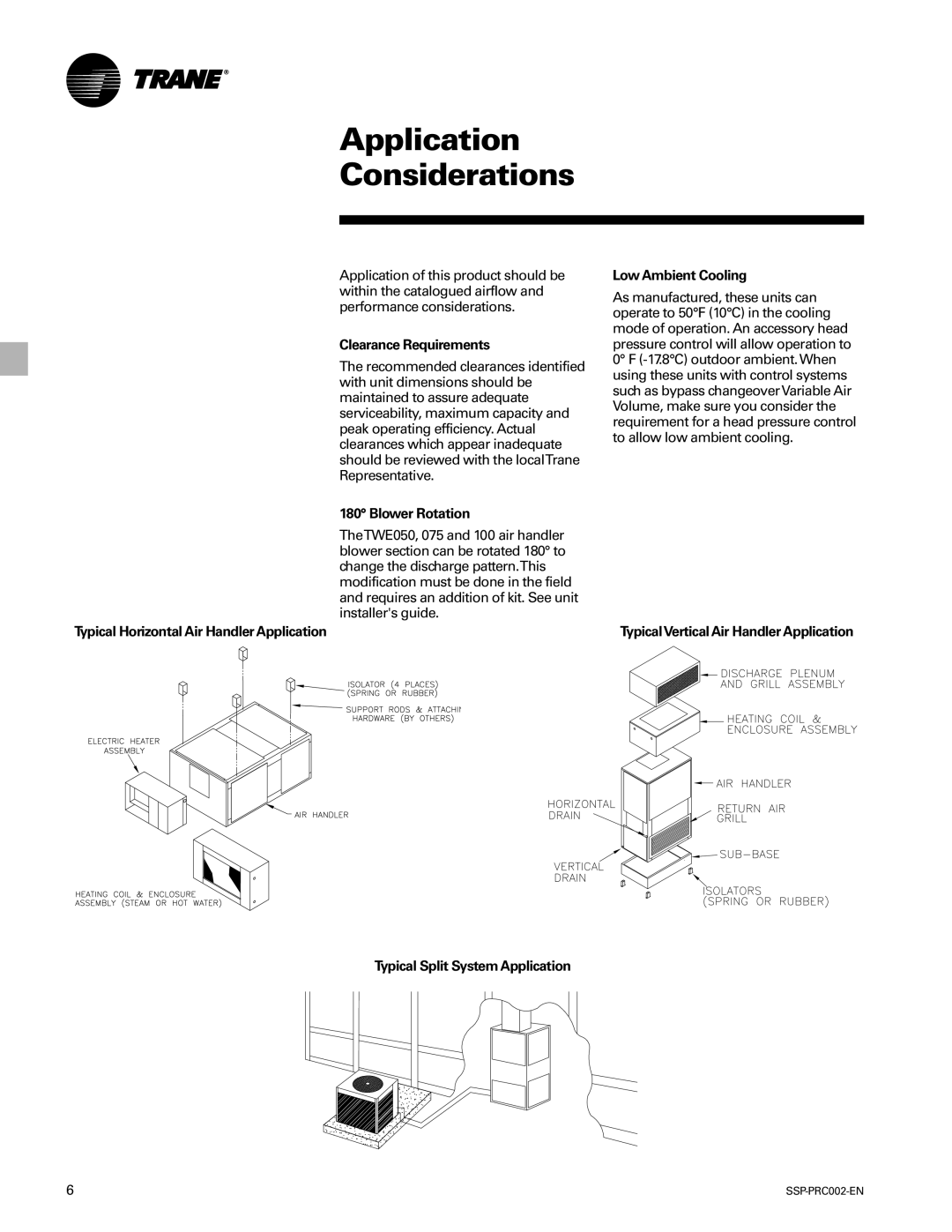 Trane TWA200B, TWA075A, TWE200B, TWE050A manual Application Considerations, Clearance Requirements, Blower Rotation 