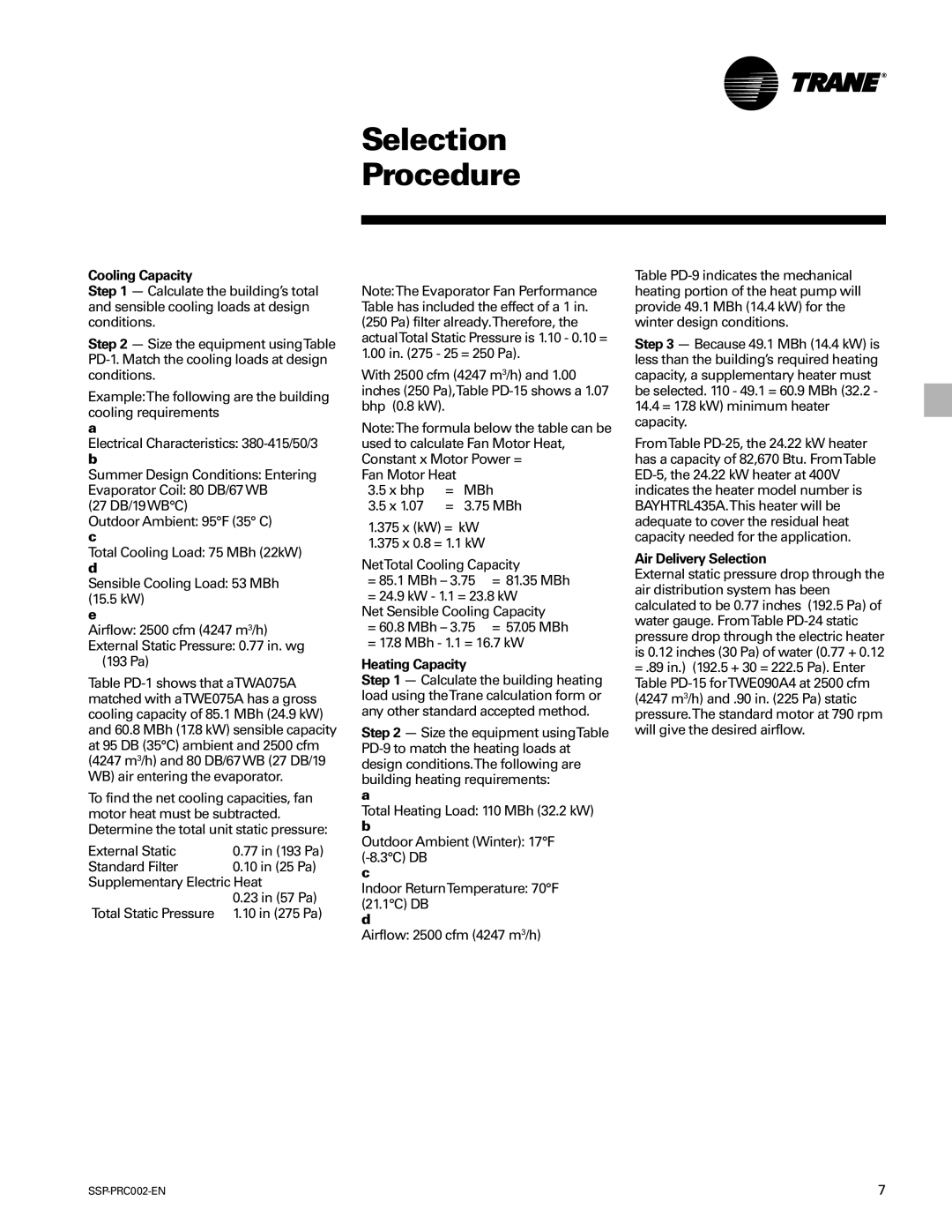 Trane TWE050A, TWA075A, TWE200B, TWA200B Selection Procedure, Cooling Capacity, Heating Capacity, Air Delivery Selection 
