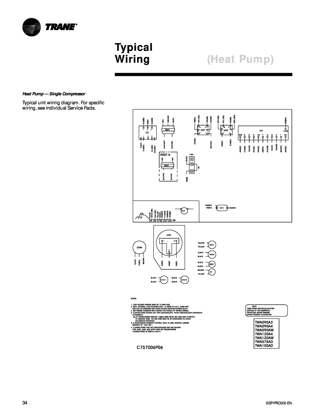 Trane TWA200B, TWA075A, TWE200B, TWE050A manual Typical, Wiring, Heat Pump - Single Compressor 