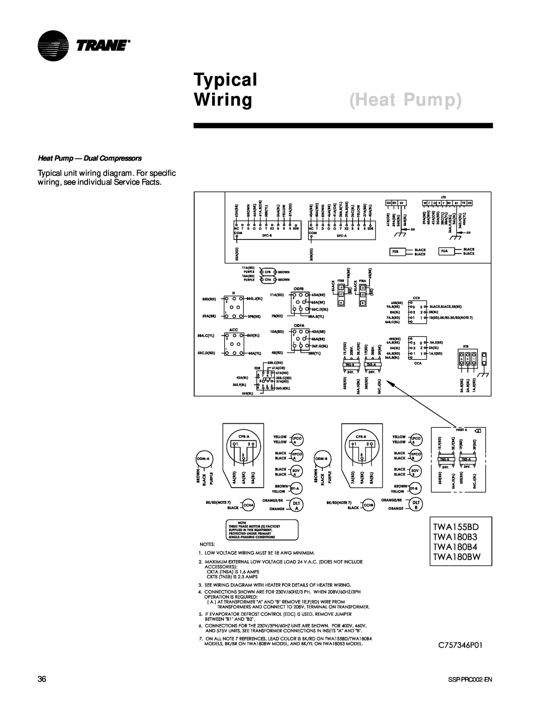 Trane TWA075A, TWE200B, TWA200B, TWE050A manual Typical, Wiring, Heat Pump - Dual Compressors 