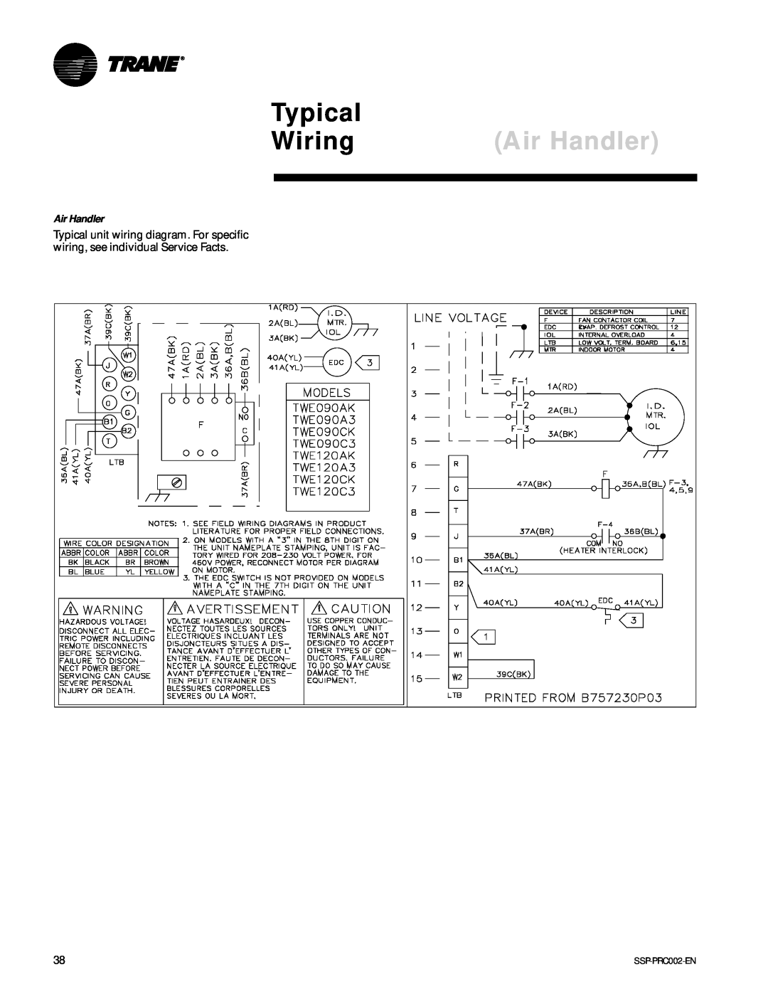 Trane TWA200B, TWA075A, TWE200B, TWE050A manual Air Handler, Typical, Wiring 