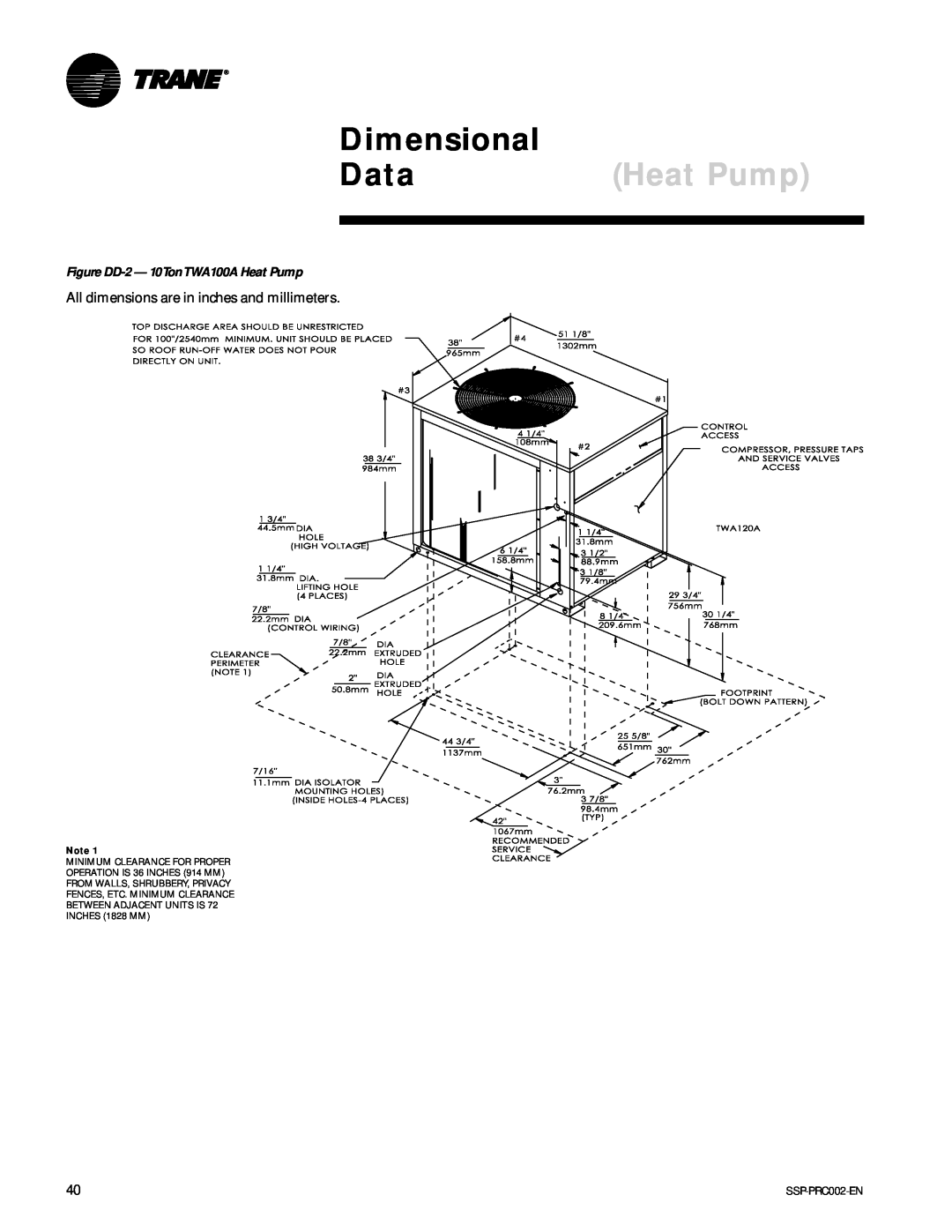 Trane TWA075A, TWE200B, TWA200B, TWE050A manual Dimensional, Data, Figure DD-2- 10TonTWA100A Heat Pump 