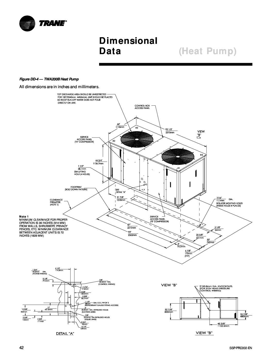Trane TWA075A, TWE200B, TWE050A manual Dimensional, Data, Figure DD-4- TWA200B Heat Pump 
