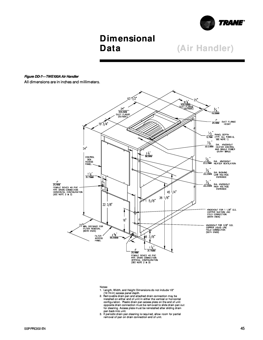 Trane TWE200B, TWA075A Dimensional, Data, All dimensions are in inches and millimeters, Figure DD-7-TWE100AAir Handler 
