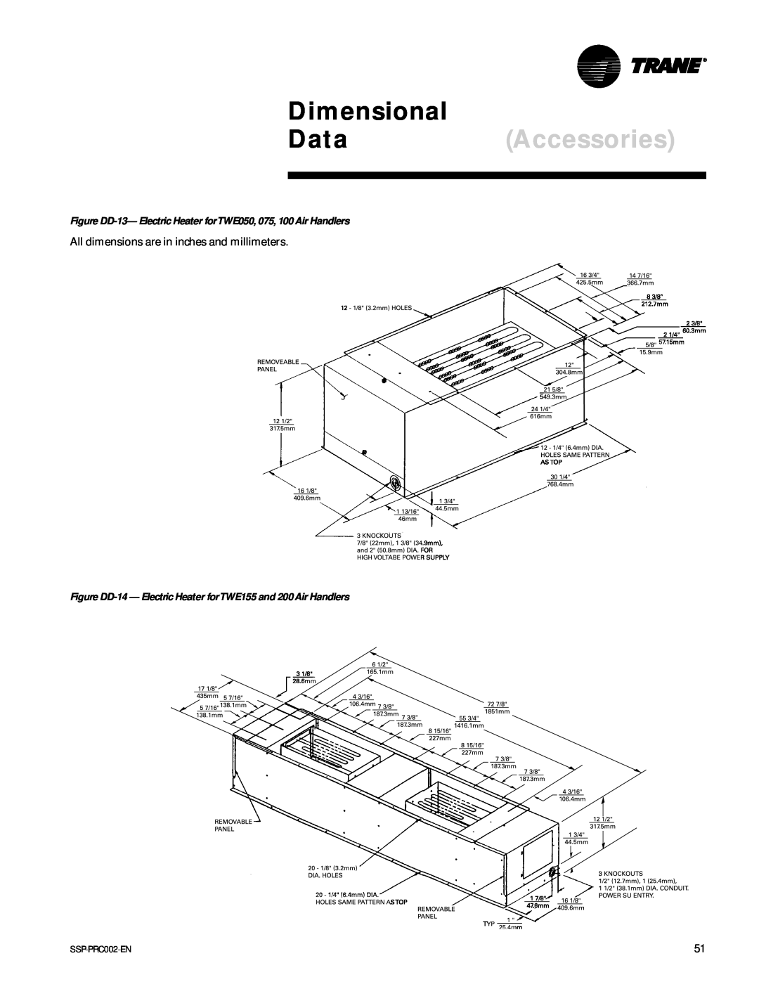 Trane TWE050A, TWA075A, TWE200B, TWA200B manual DataAccessories, Dimensional, All dimensions are in inches and millimeters 