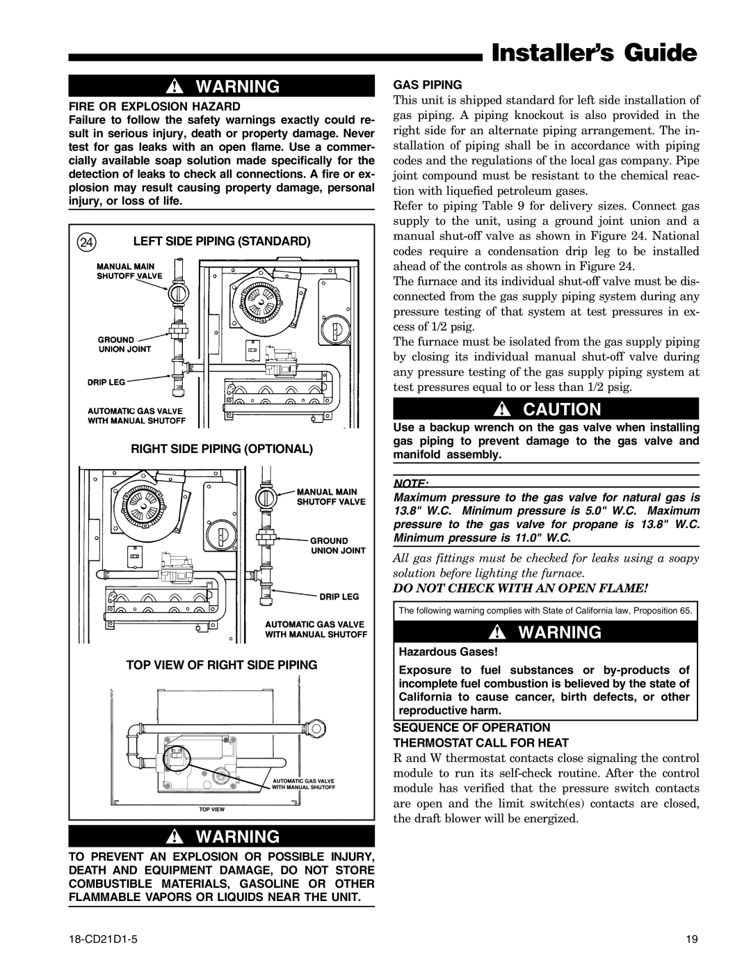 Trane UD1C100A9H51B, UD1D120A9H51B, UD1B060A9H31B, UD1C080A9H41B GAS Piping, Sequence of Operation Thermostat Call for Heat 