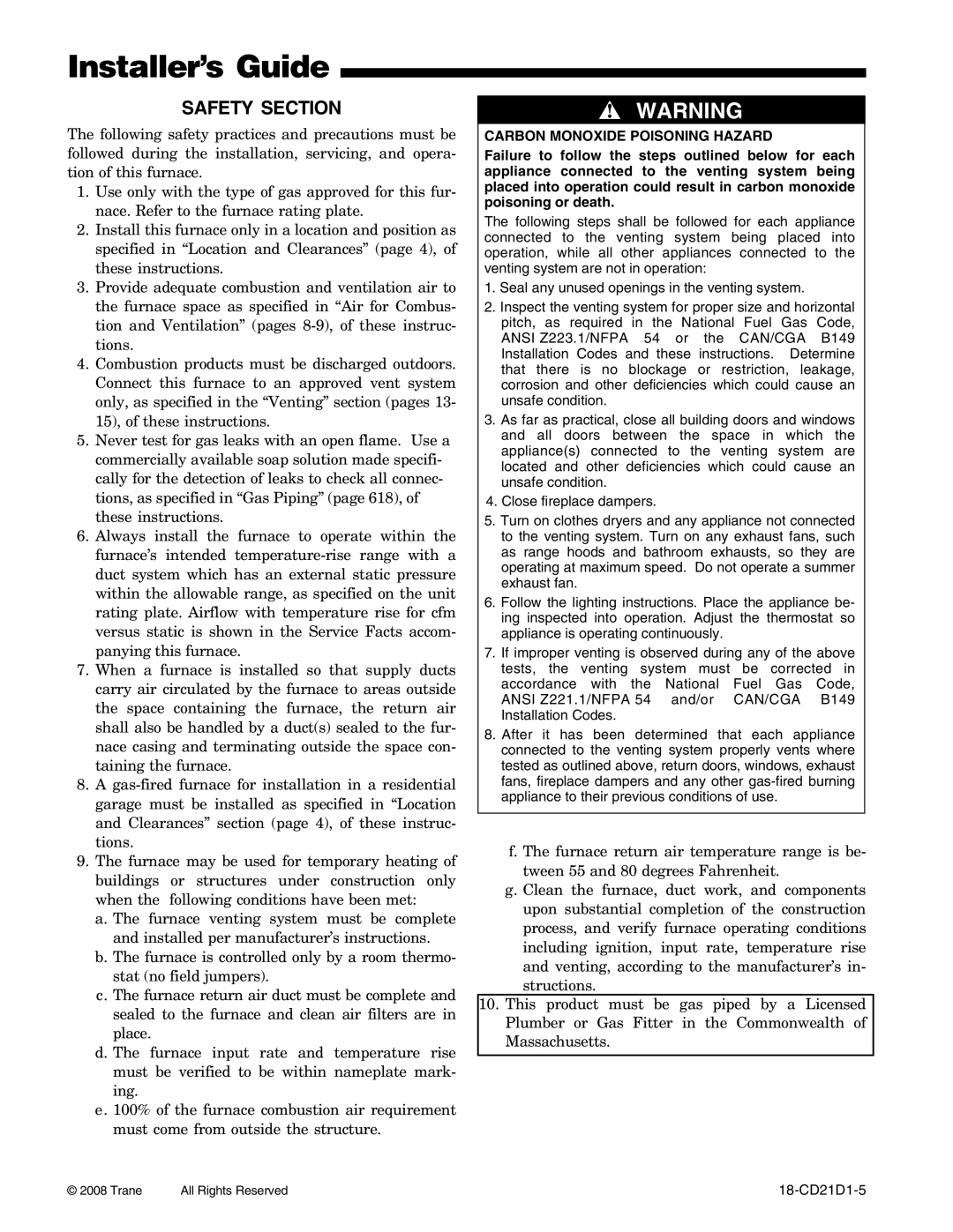 Trane UD1C080A9H41B, UD1D120A9H51B, UD1B060A9H31B, UD1B100A9H31B manual Safety Section, Carbon Monoxide Poisoning Hazard 
