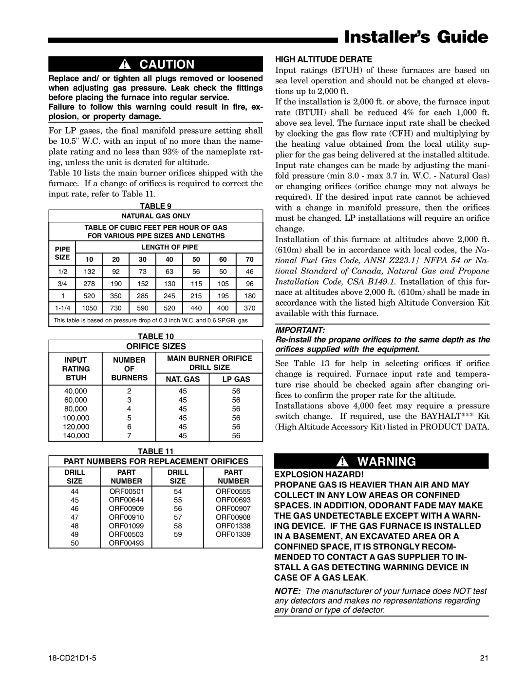 Trane DD1B080A9H31B, UD1D120A9H51B manual Orifice Sizes, High Altitude Derate, Part Numbers for Replacement Orifices 