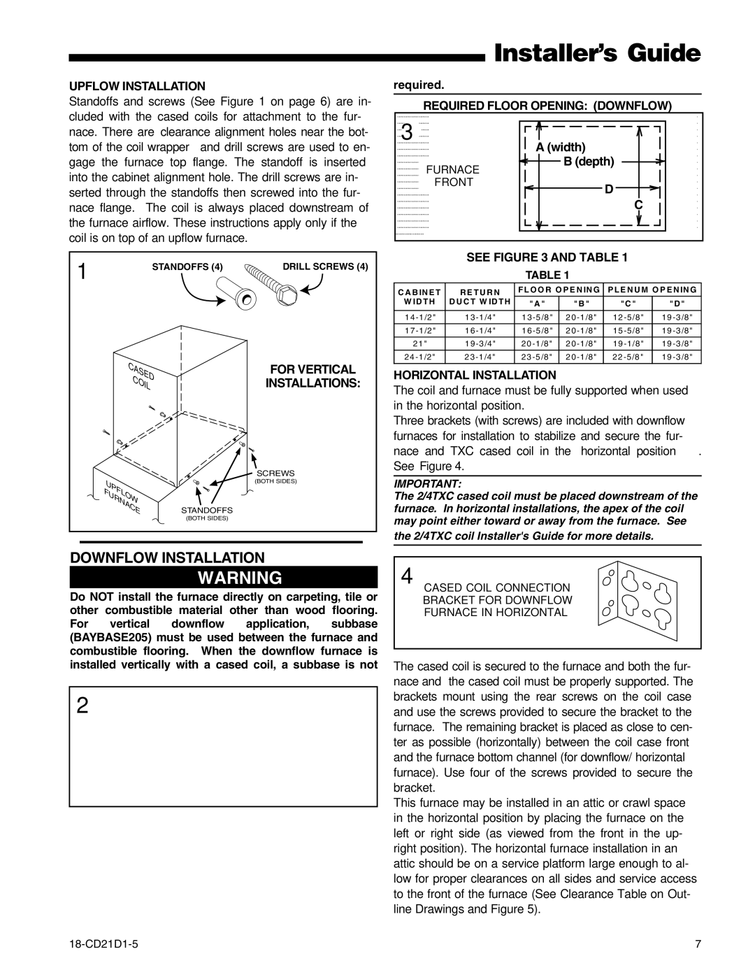 Trane UD1C100A9H51B manual Downflow Installation, Upflow Installation, Required Floor Opening Downflow, See and Table 