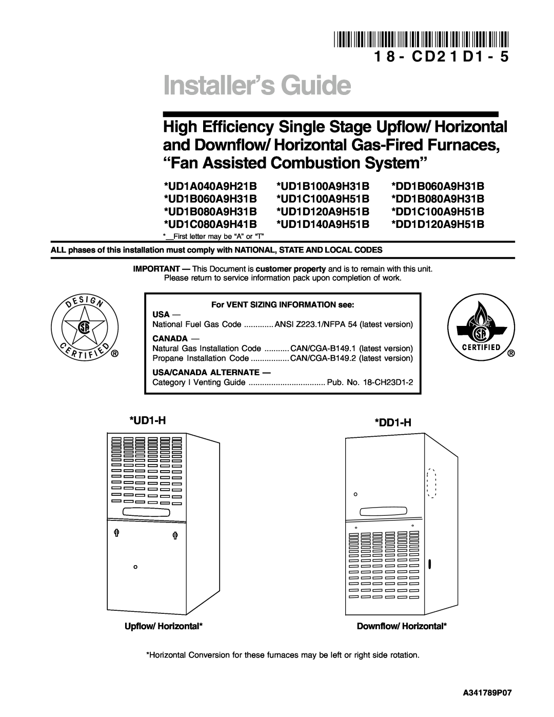 Trane UD1B060A9H31B manual UD1-H, Installer’s Guide, High Efficiency Single Stage Upflow/ Horizontal, 1 8 - C D 2 1 D, Usa 