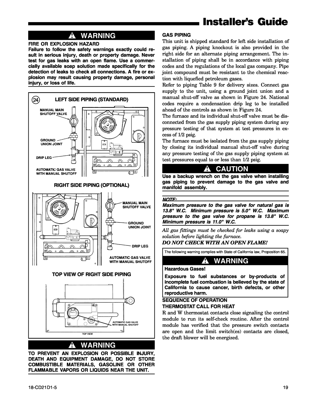 Trane UD1C100A9H51B, UD1D120A9H51B manual Installer’s Guide, Fire Or Explosion Hazard, Do Not Check With An Open Flame 