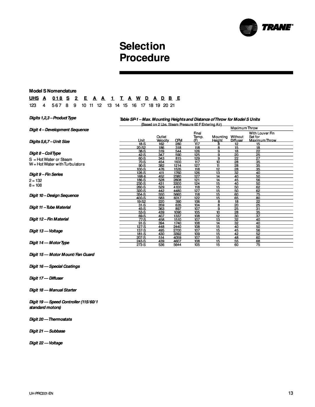 Trane UH-PRC001-EN manual Model S Nomenclature, D Be, Selection Procedure 