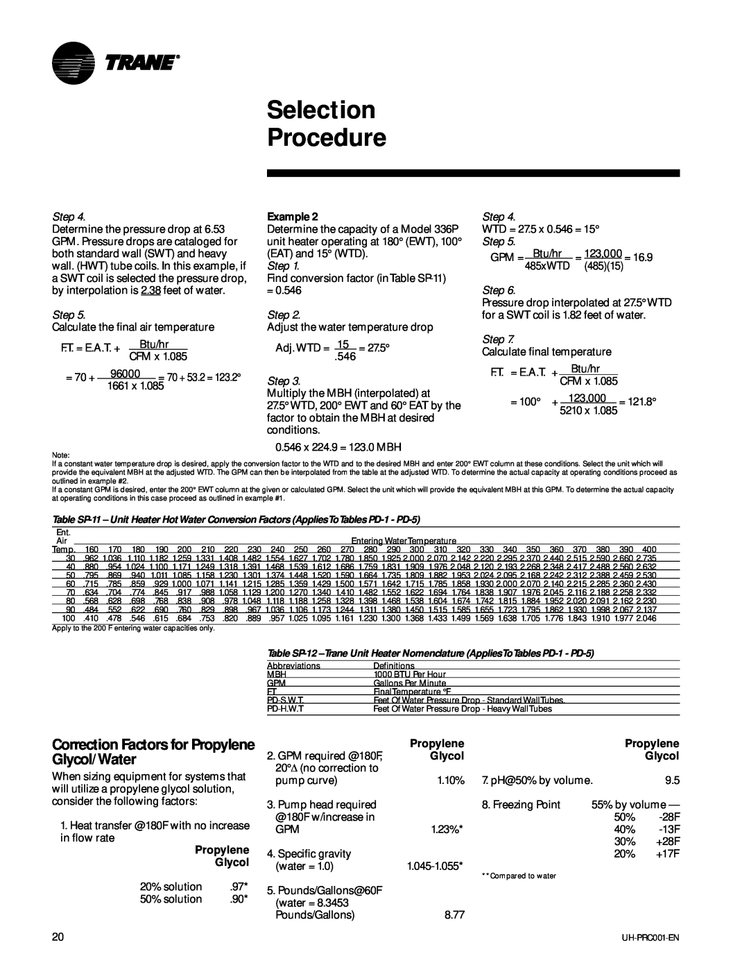 Trane UH-PRC001-EN manual Correction Factors for Propylene Glycol/Water, Selection Procedure, Step 
