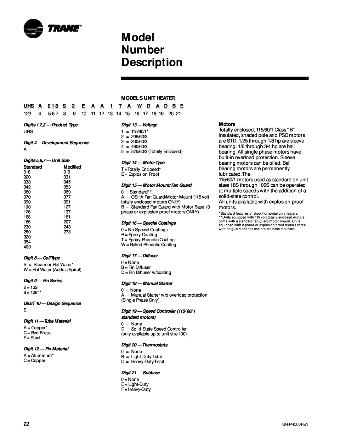 Trane UH-PRC001-EN manual D B E, Model Number Description, Motors 