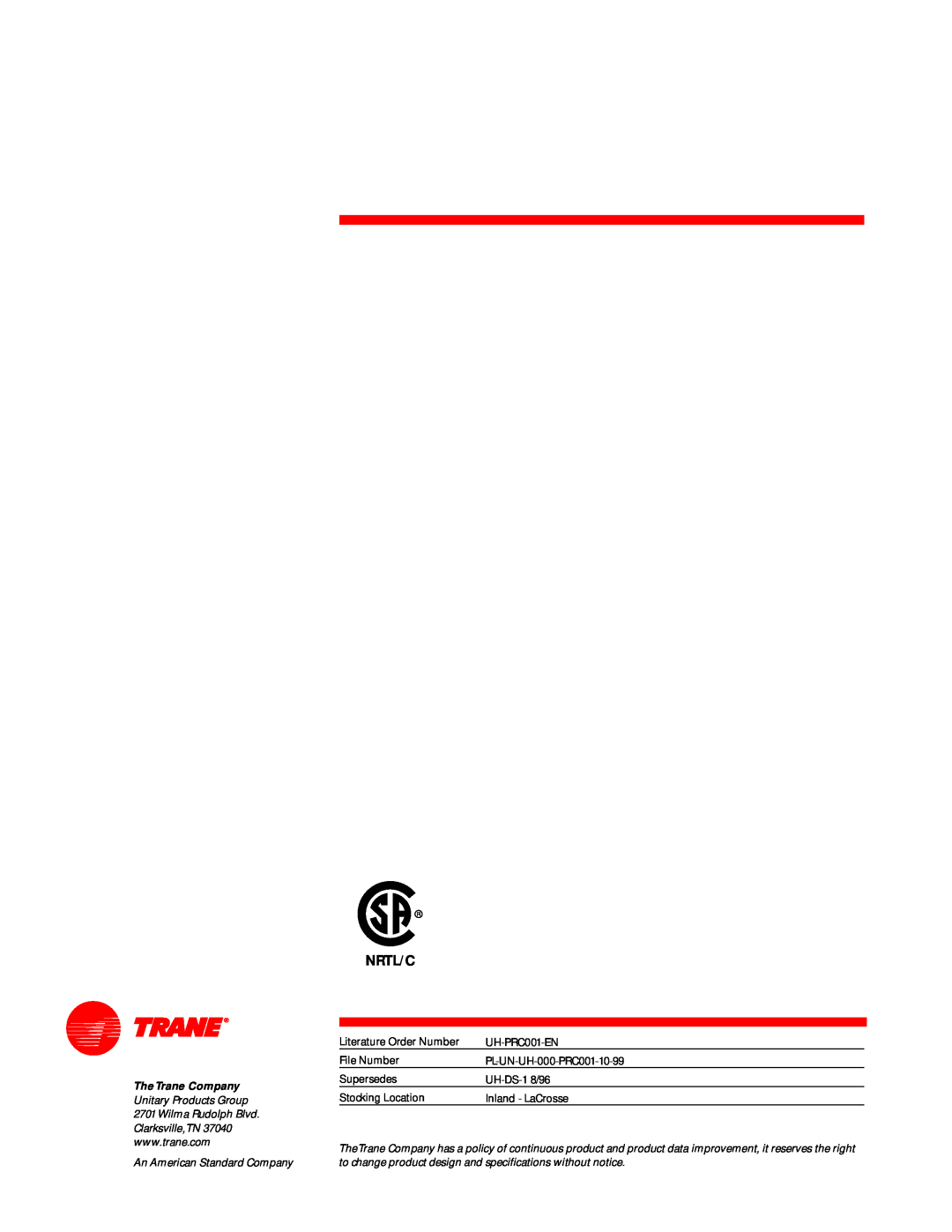 Trane UH-PRC001-EN manual Nrtl/C, TheTrane Company 