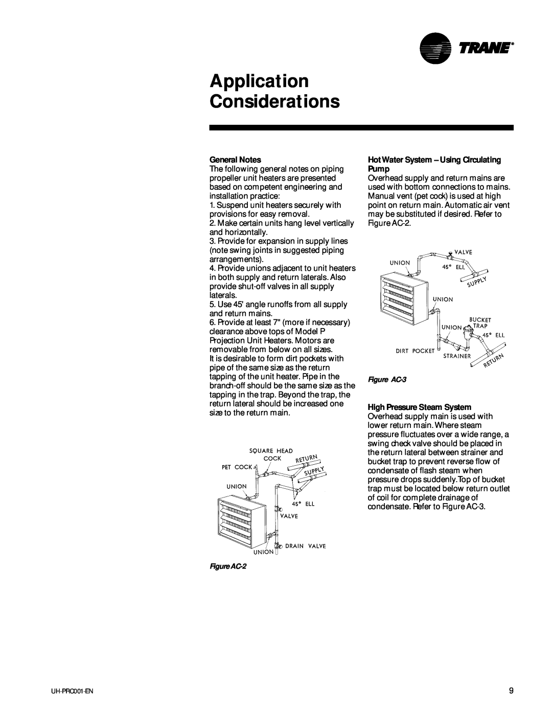 Trane UH-PRC001-EN manual General Notes, HotWater System - Using Circulating Pump, Application Considerations 