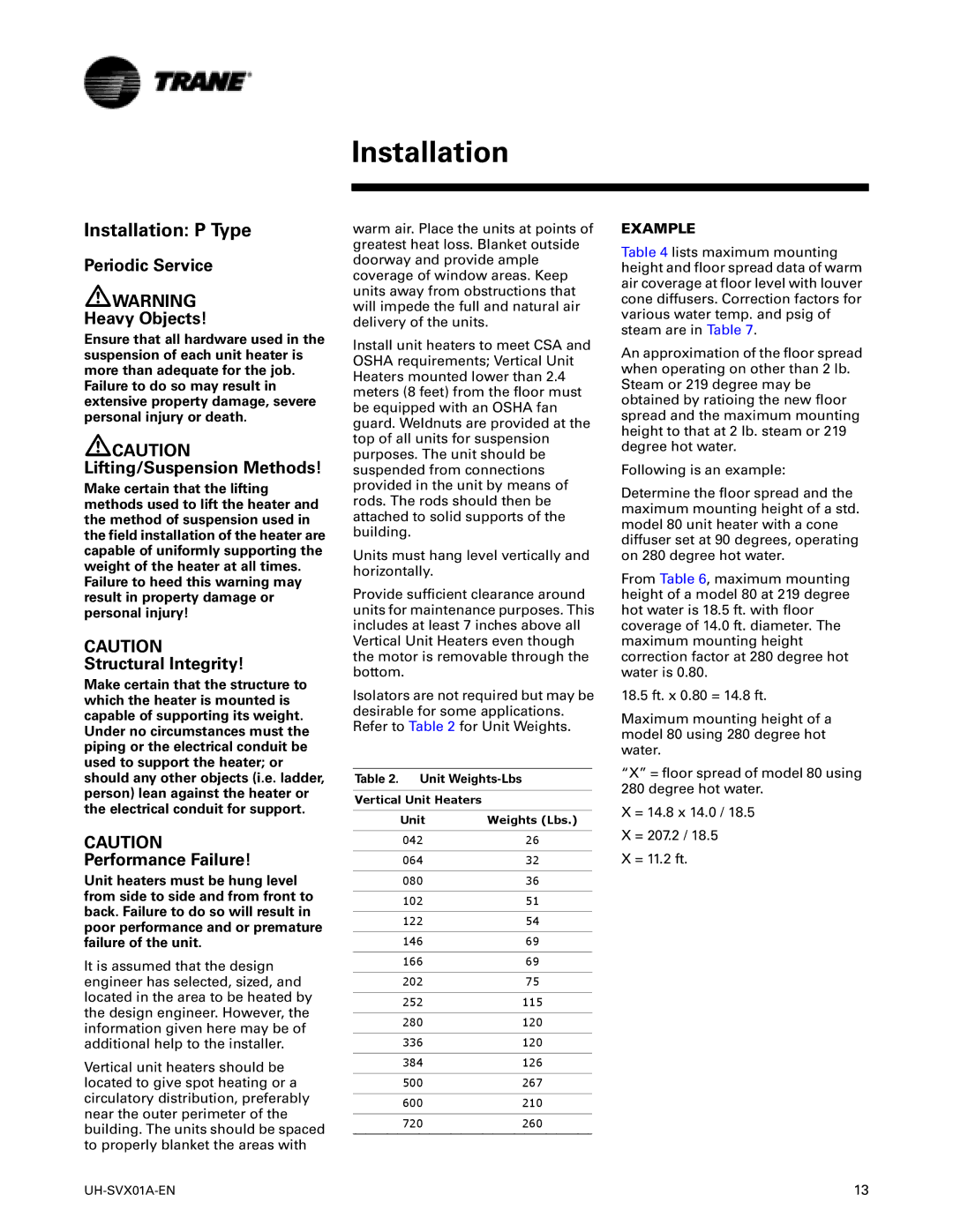 Trane UH-SVX01A-EN manual Installation, Periodic Service Heavy Objects, Lifting/Suspension Methods, Structural Integrity 