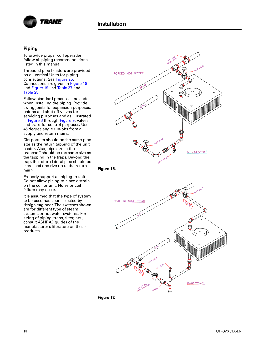 Trane UH-SVX01A-EN manual Piping 