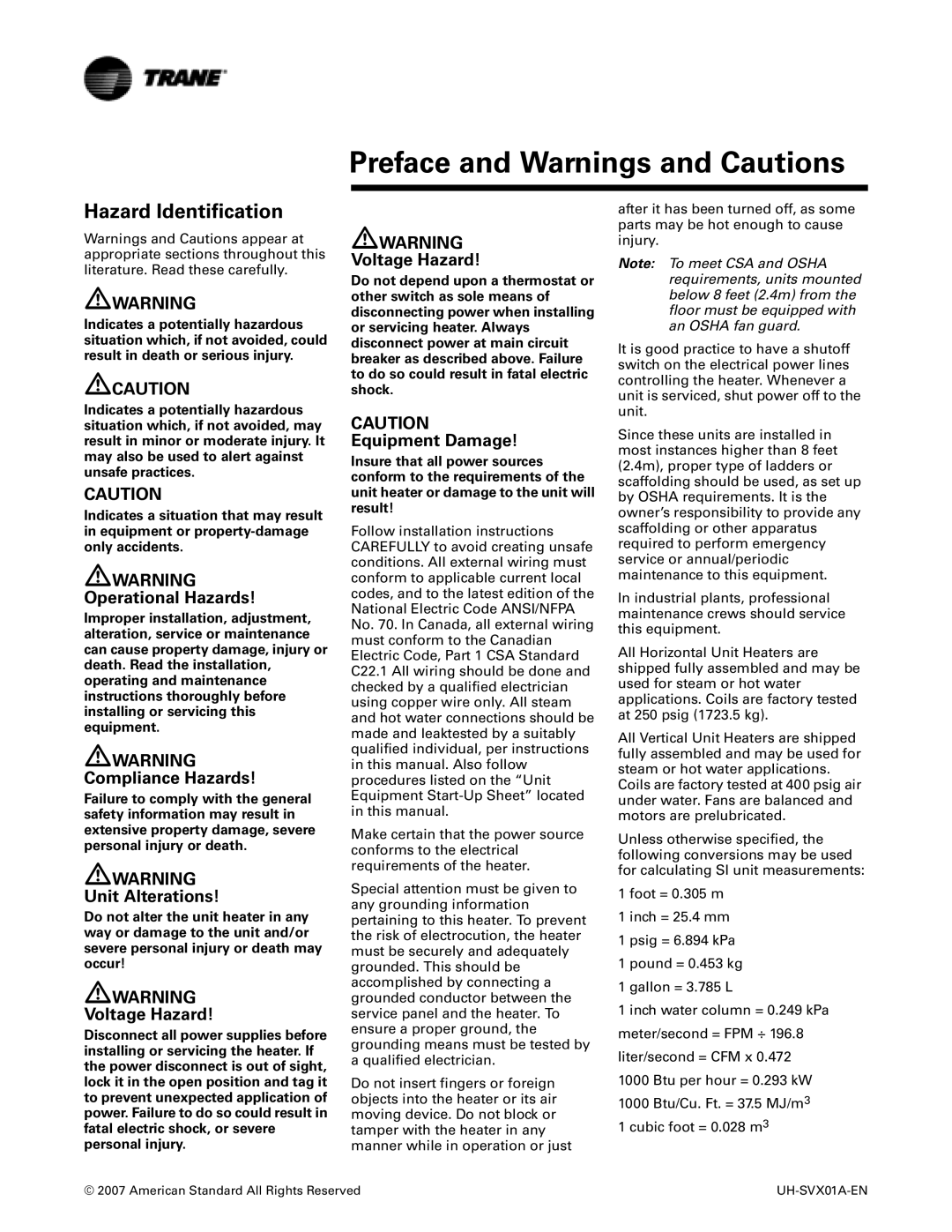 Trane UH-SVX01A-EN manual Preface and Warnings and Cautions, Hazard Identification 