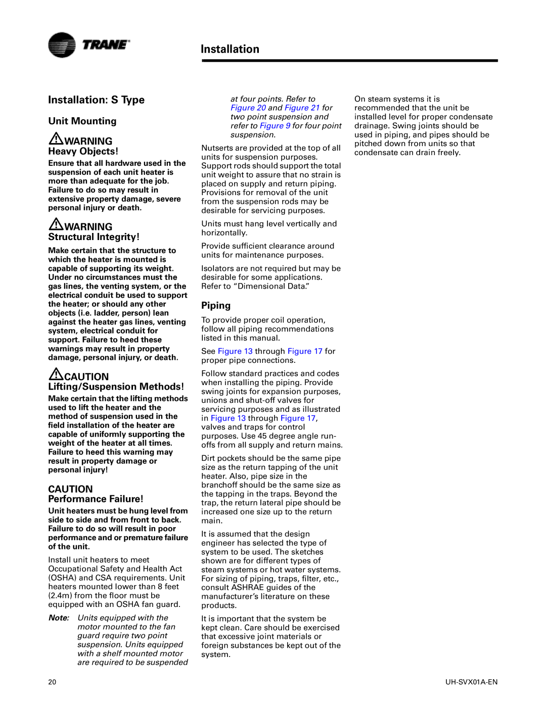 Trane UH-SVX01A-EN manual Installation S Type, Unit Mounting Heavy Objects 