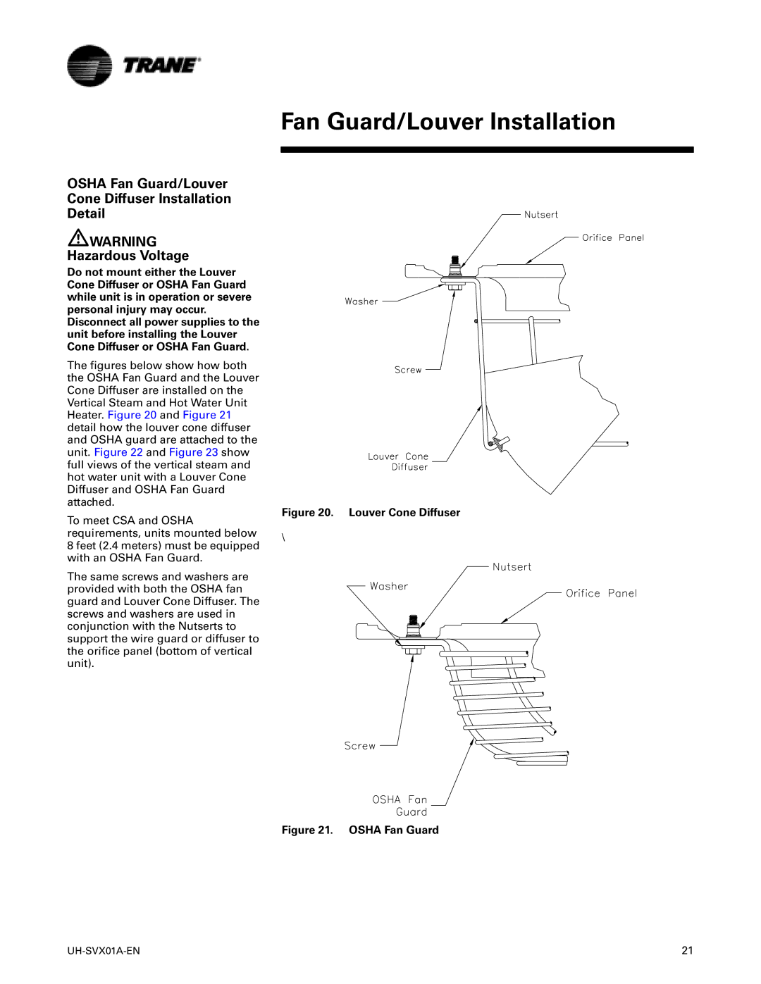 Trane UH-SVX01A-EN manual Fan Guard/Louver Installation, Louver Cone Diffuser 