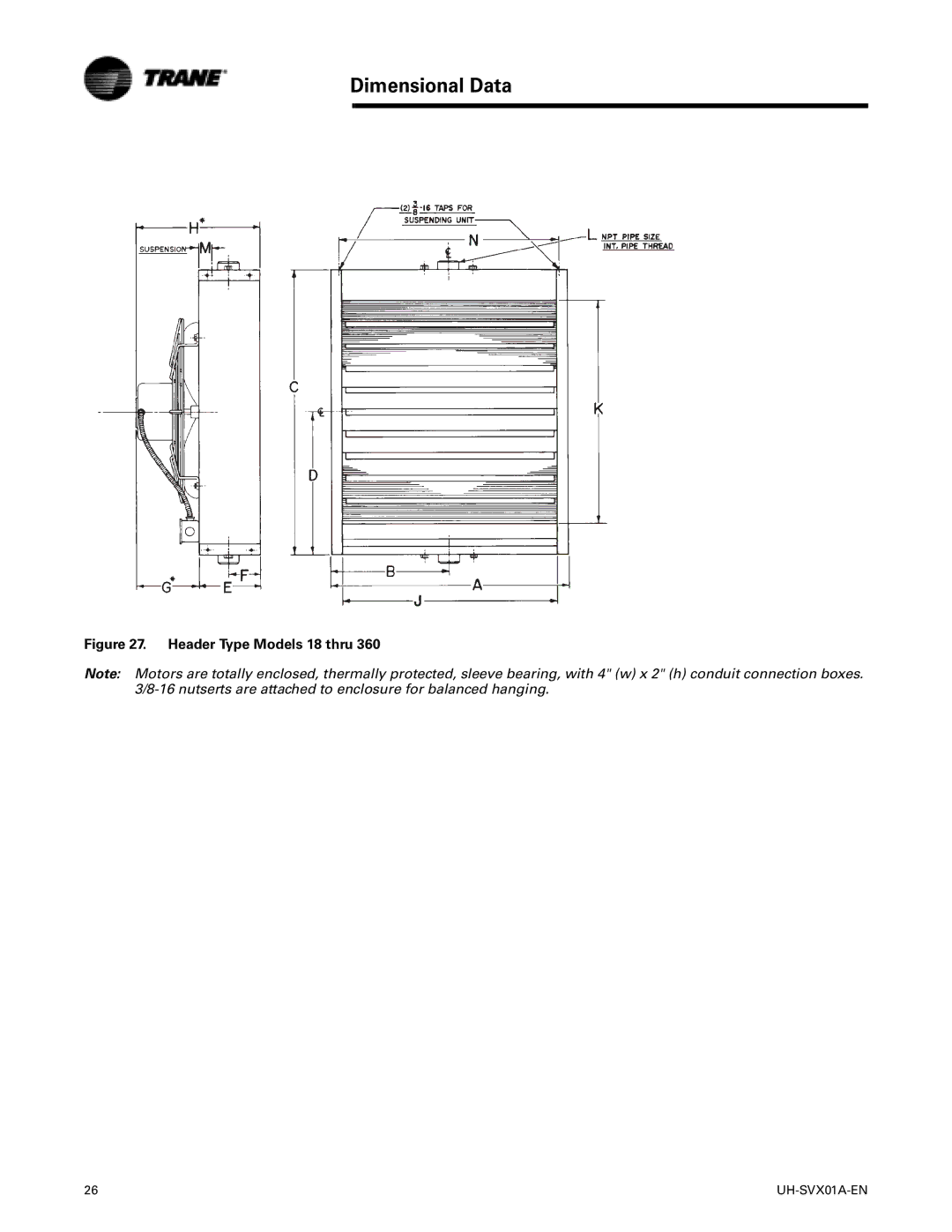 Trane UH-SVX01A-EN manual Header Type Models 18 thru 