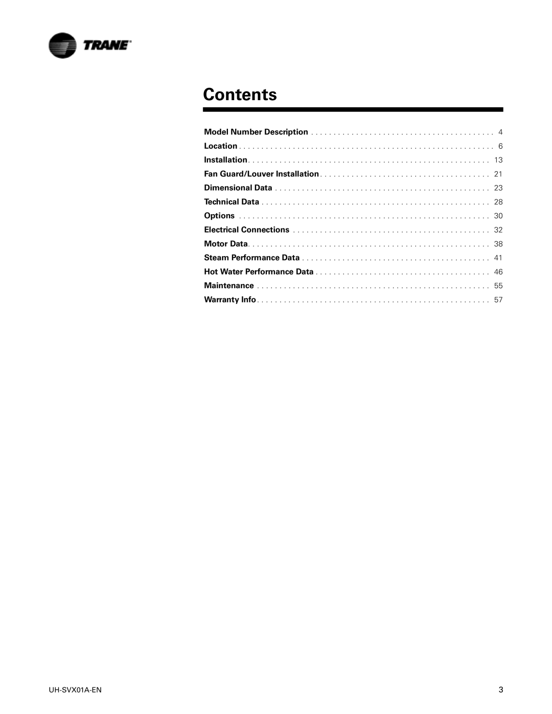 Trane UH-SVX01A-EN manual Contents 