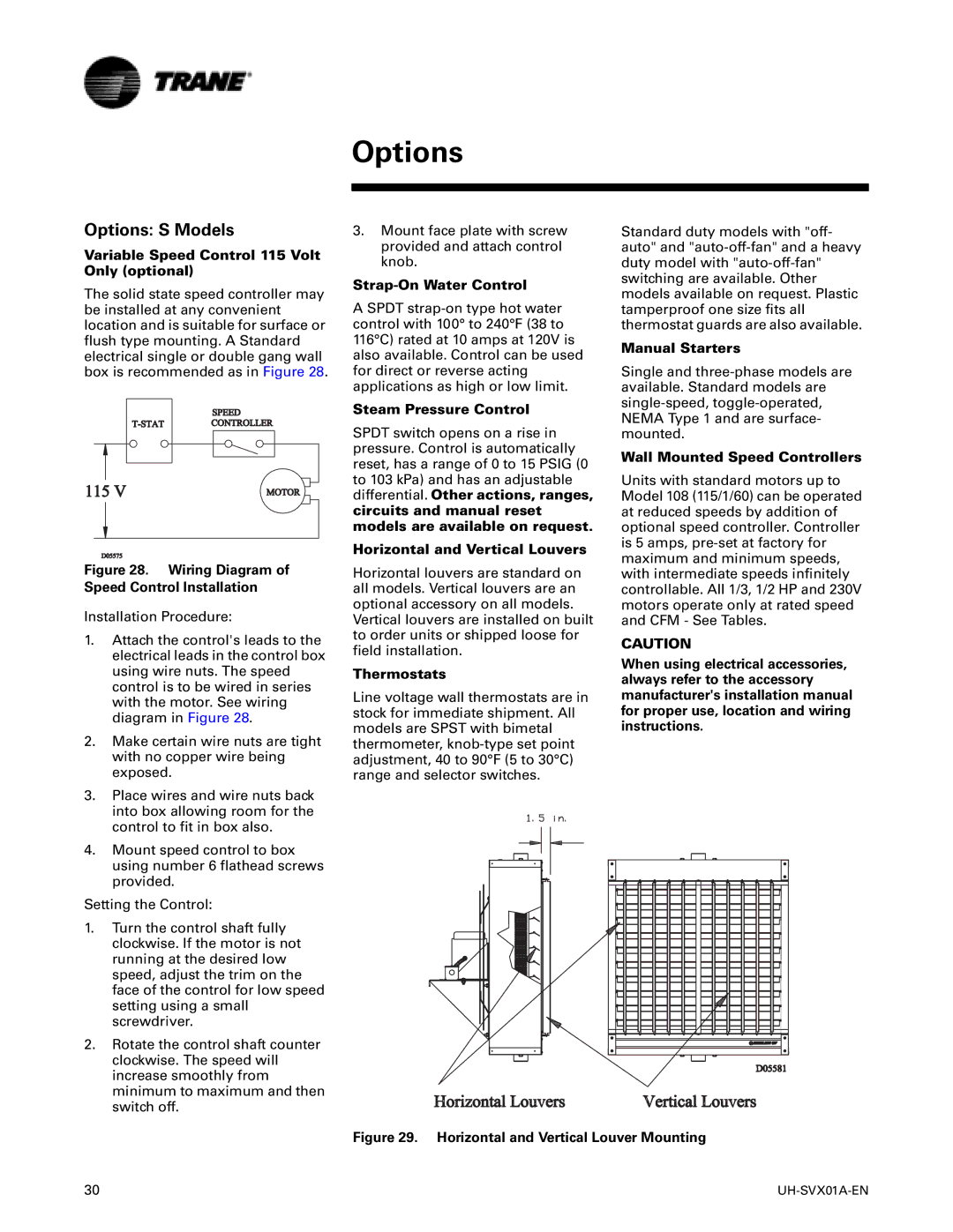 Trane UH-SVX01A-EN manual Options S Models 