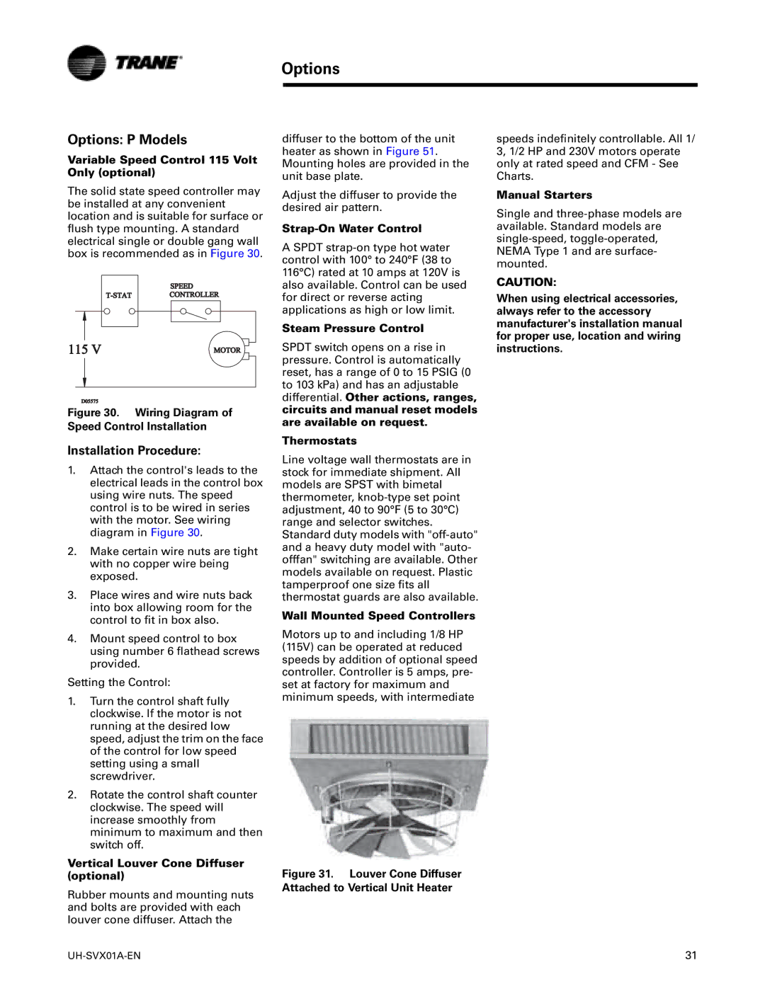 Trane UH-SVX01A-EN manual Options P Models, Vertical Louver Cone Diffuser optional 