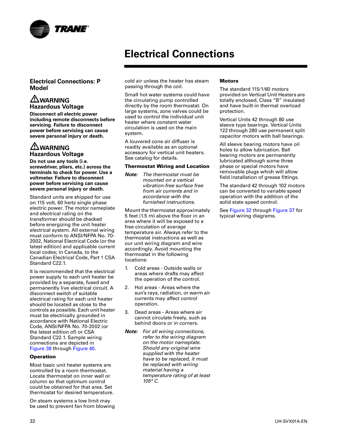 Trane UH-SVX01A-EN Electrical Connections P Model Hazardous Voltage, Operation, Thermostat Wiring and Location, Motors 