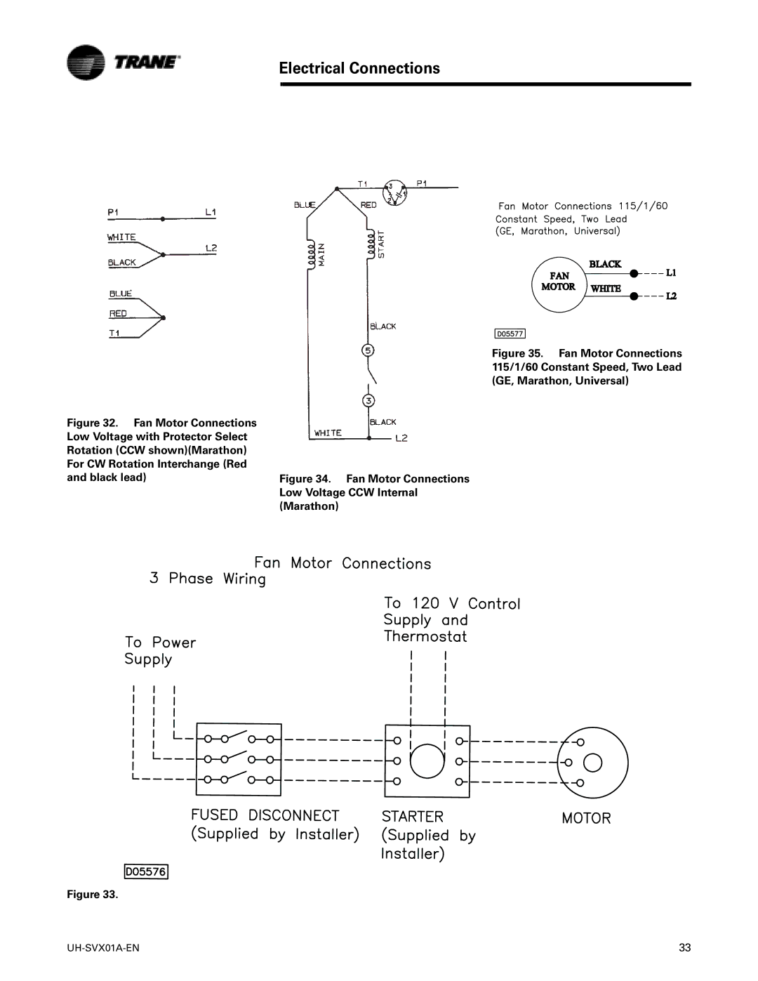 Trane UH-SVX01A-EN manual Electrical Connections, Fan Motor Connections Low Voltage CCW Internal Marathon 