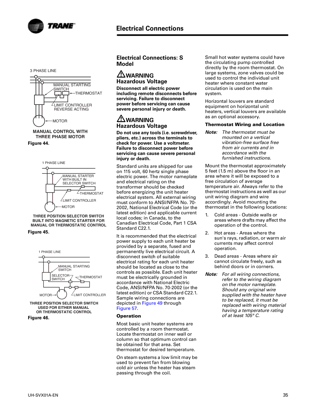 Trane UH-SVX01A-EN manual Electrical Connections S Model Hazardous Voltage, Manual Control with Three Phase Motor 