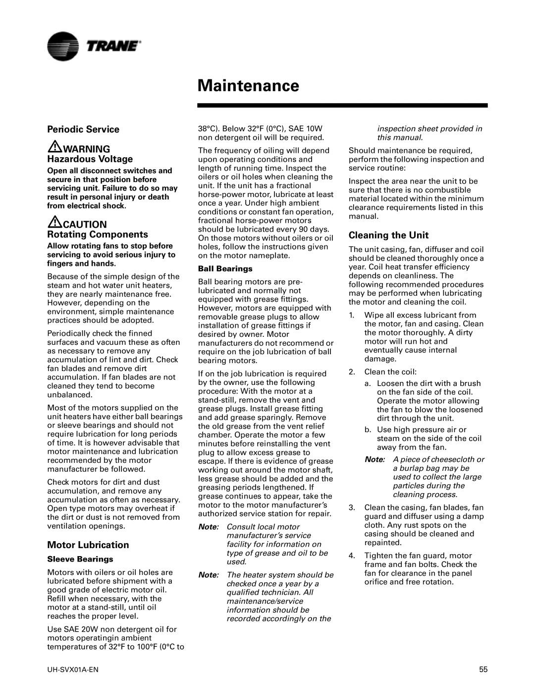 Trane UH-SVX01A-EN manual Maintenance, Periodic Service Hazardous Voltage, Rotating Components, Motor Lubrication 