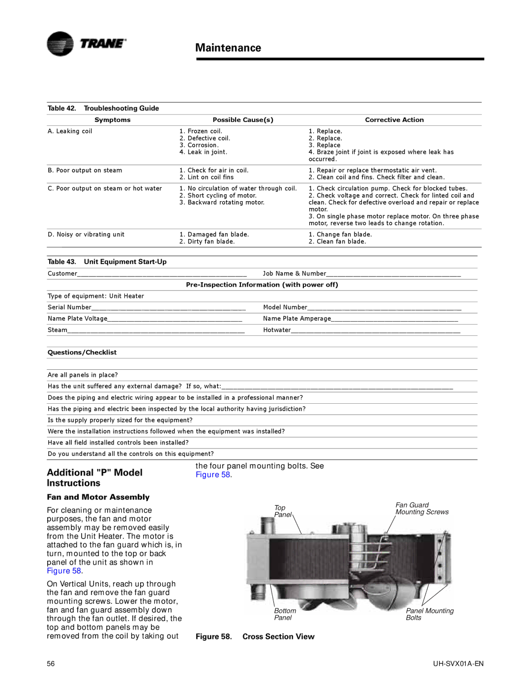 Trane UH-SVX01A-EN manual Maintenance, Additional P Model Instructions, Fan and Motor Assembly, Troubleshooting Guide 