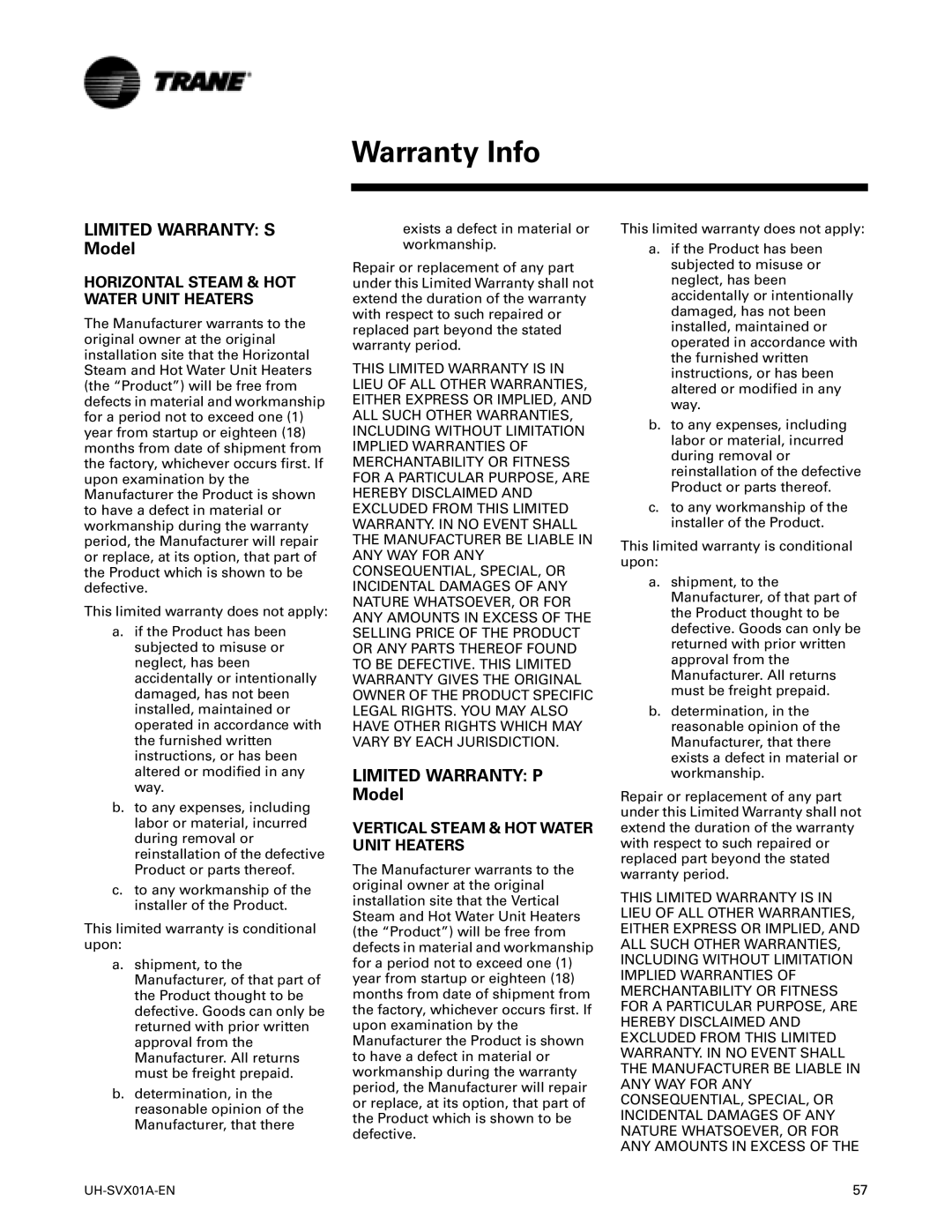 Trane UH-SVX01A-EN manual Warranty Info, Limited Warranty S Model, Limited Warranty P Model 