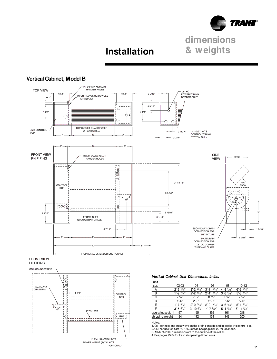 Trane UniTrane Fan-Coil & Force Flo Air Conditioners Vertical Cabinet, Model B, Vertical Cabinet Unit Dimensions, in-lbs 