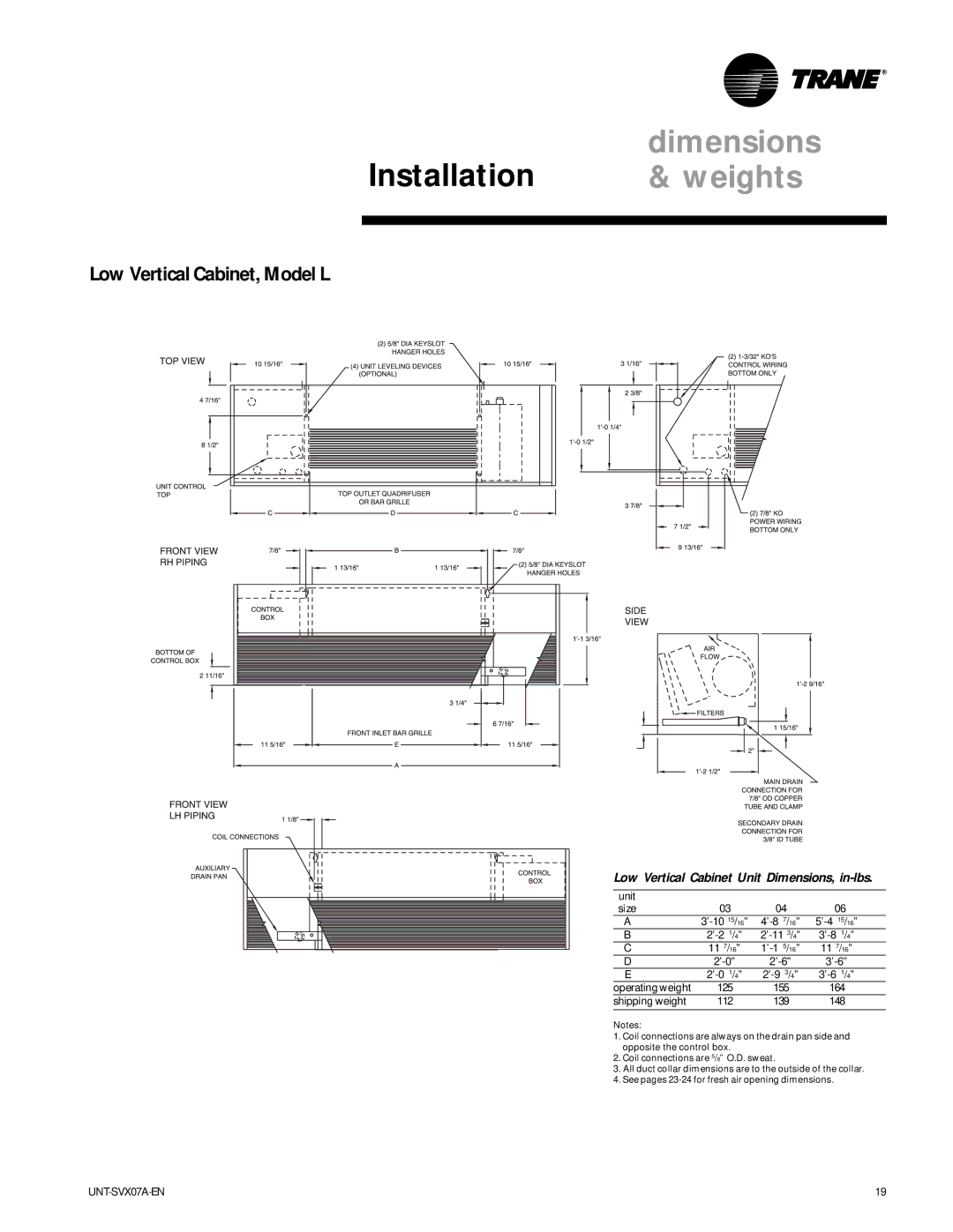 Trane UniTrane Fan-Coil & Force Flo Air Conditioners, UNT-SVX07A-EN manual Low Vertical Cabinet, Model L 